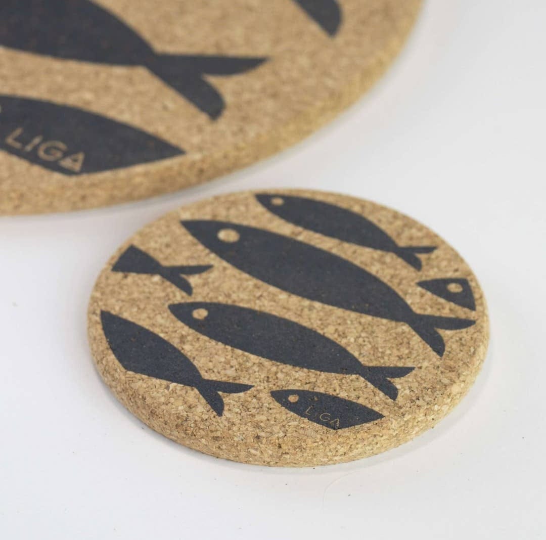 Cork Coaster Set Fish Grey