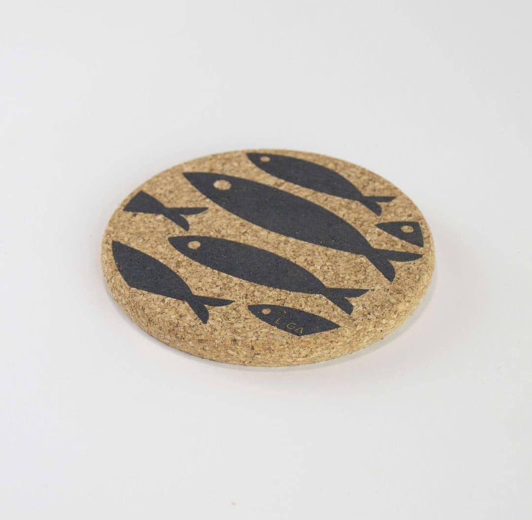 Cork Coaster Set Fish Grey