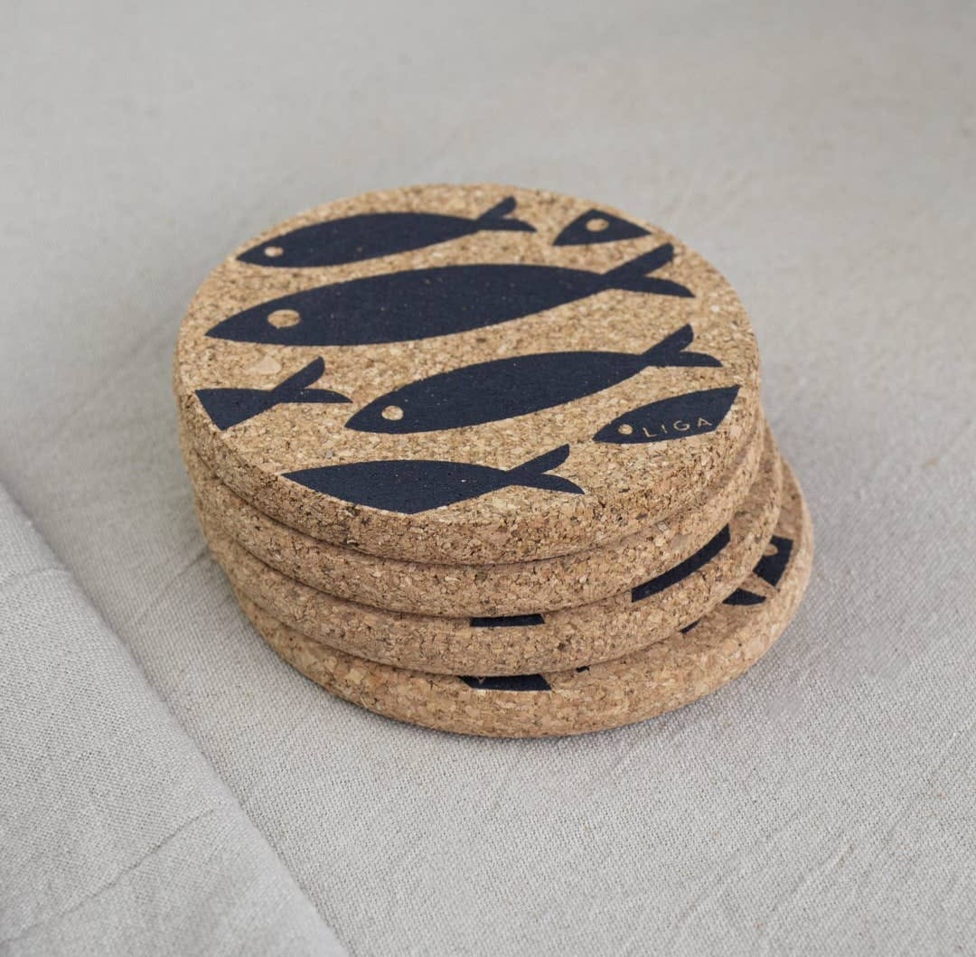 Cork Coaster Set  Fish Grey